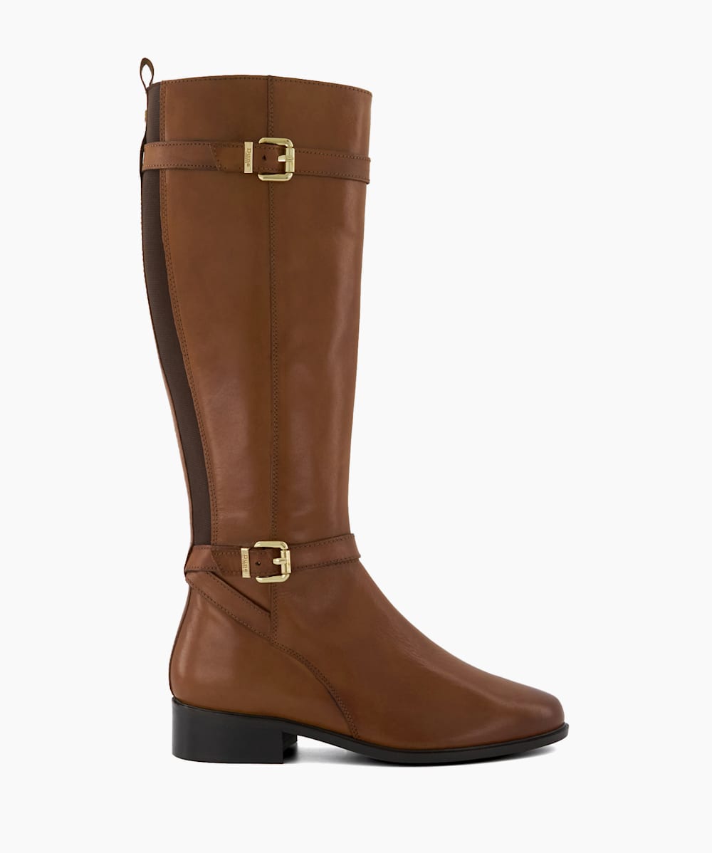 Black and tan knee high top boots