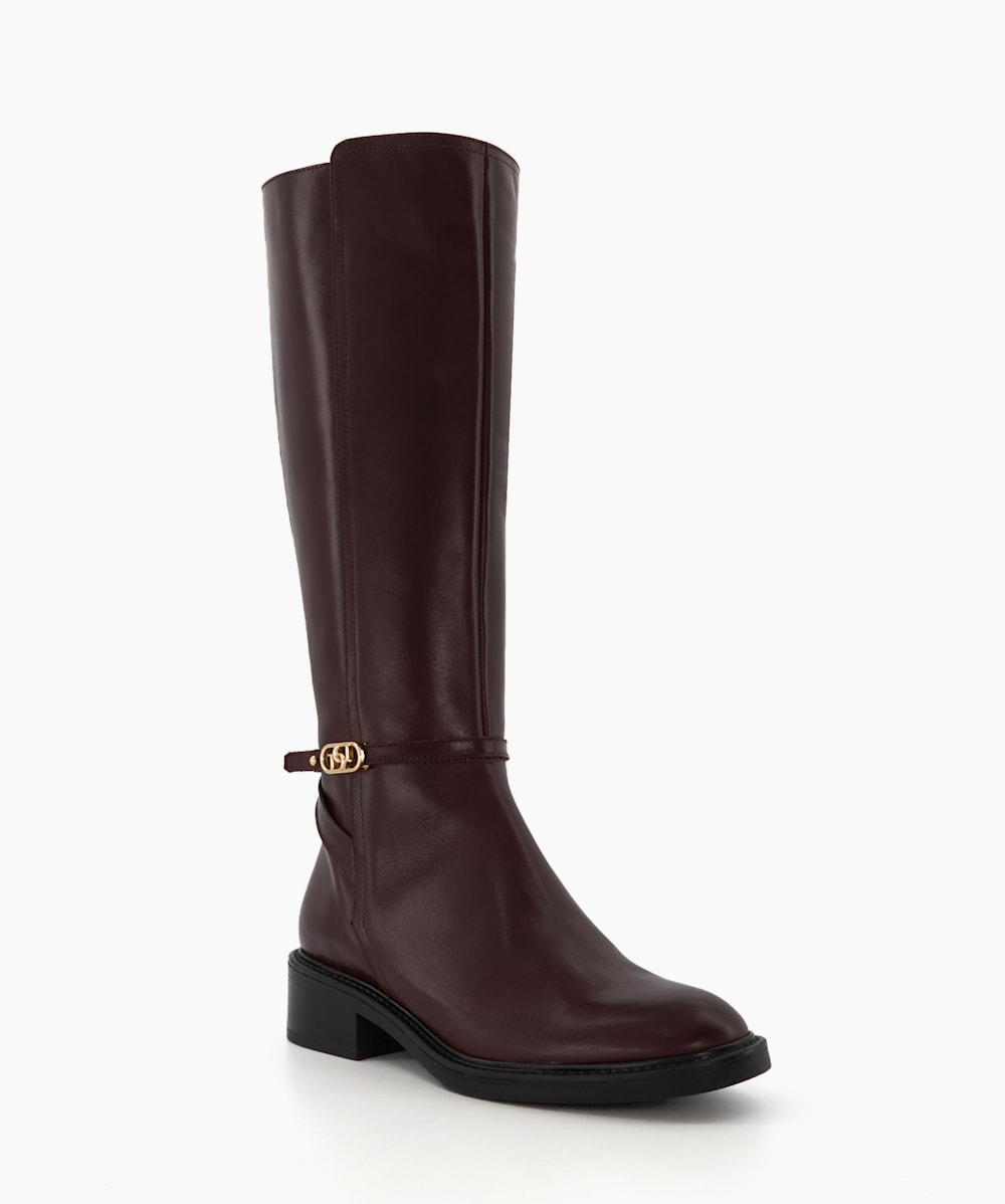 Tia Burgundy Branded Buckle Equestrian Boots Dune London