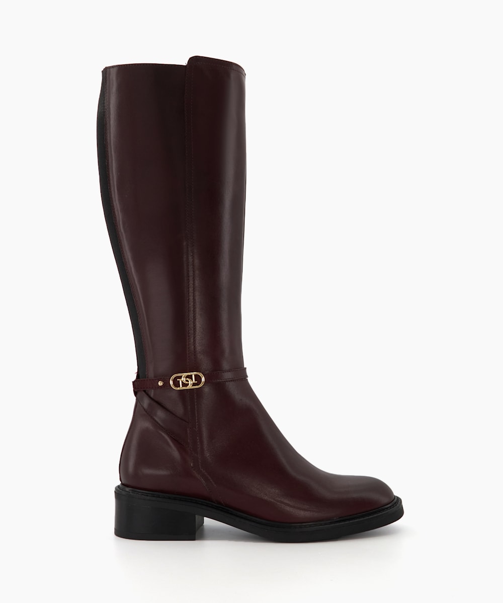 Tia Burgundy Branded Buckle Equestrian Boots Dune London