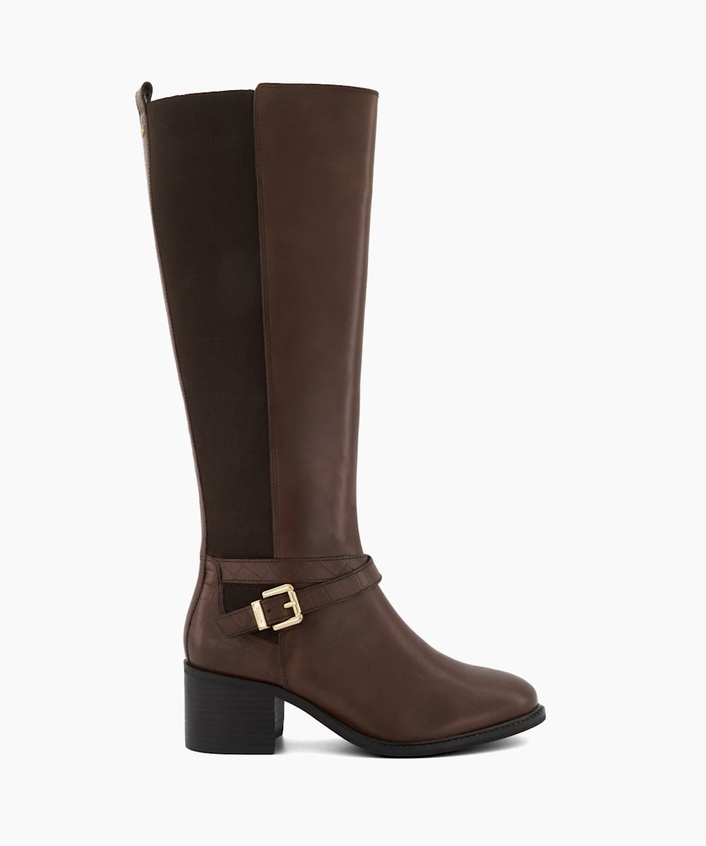 Tildy Brown Buckle Detail Knee High Boots Dune London