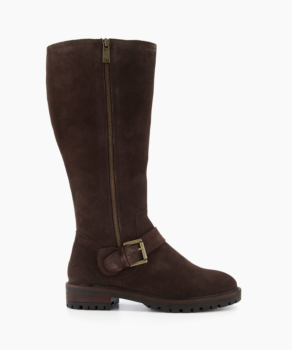 Flat brown suede knee high boots online