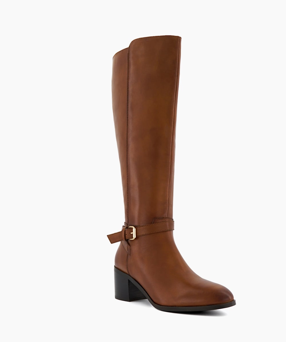 Trusti 2 Tan Buckled Leather Heeled Knee High Boots Dune London