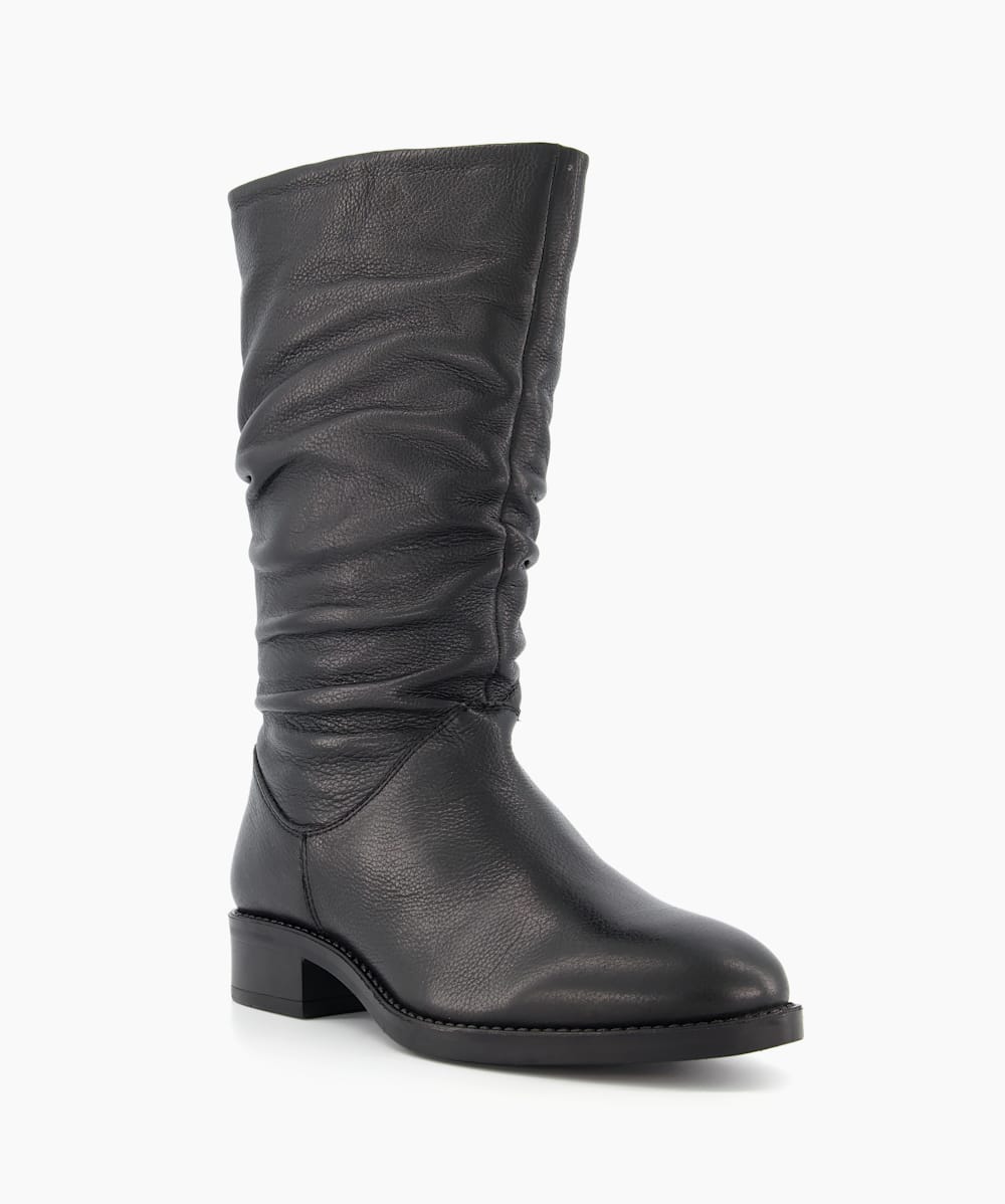 Ladies black leather calf length boots top