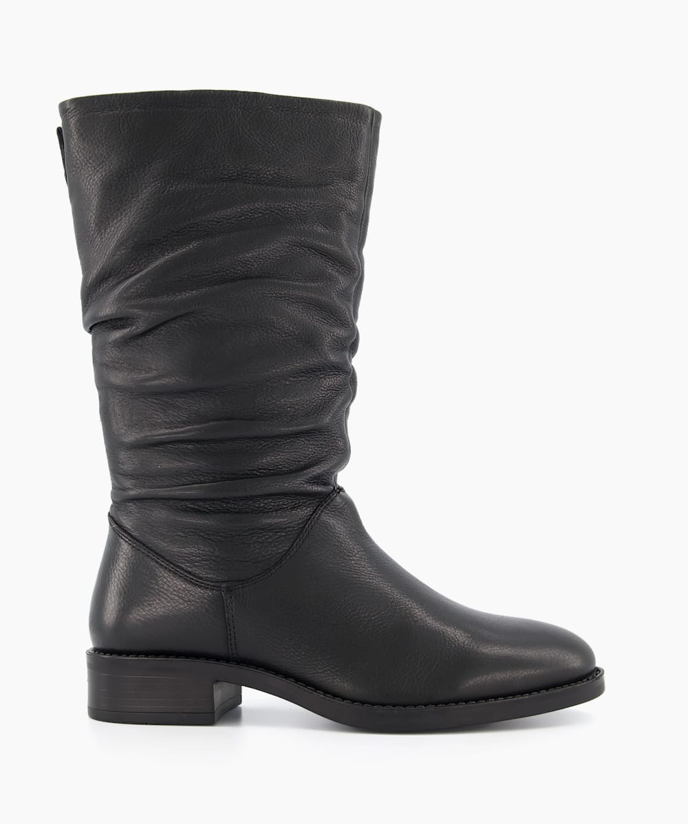 Tyling Black Ruched Leather Calf Boots Dune London