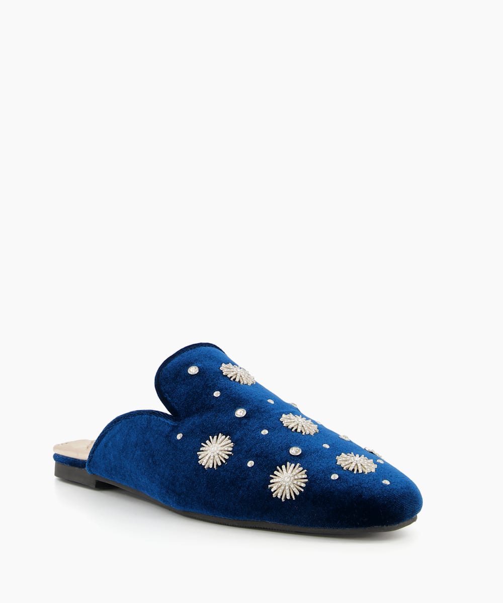 Wanderlust Navy Embellished Mule Slippers Dune London