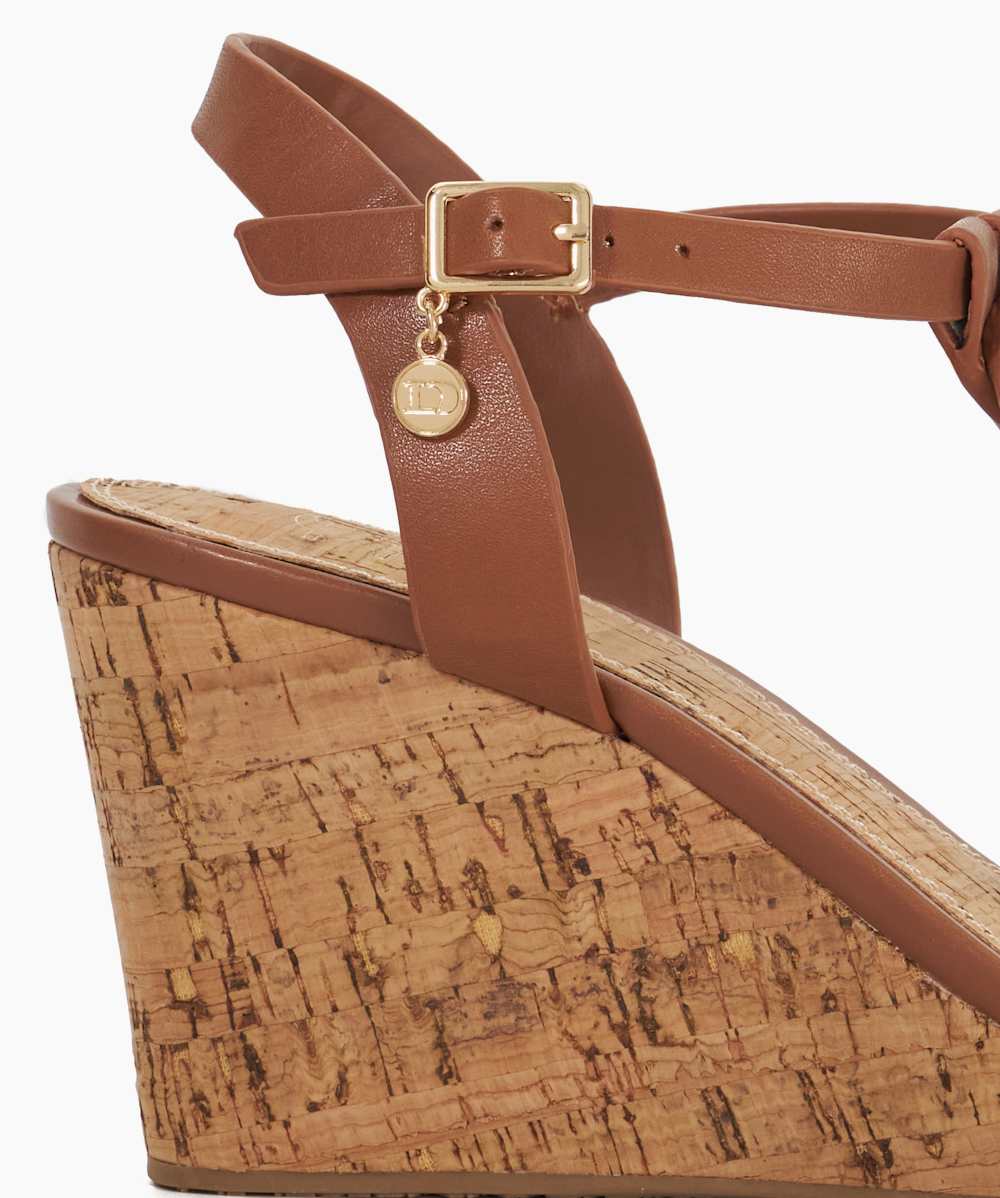 Koala Tan Wide Fit Plait T Bar Strap Cork Wedges Dune London