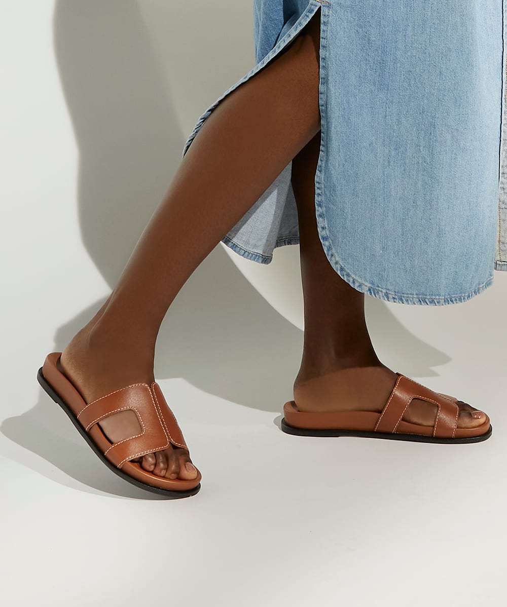 Loupa Tan Wide Fit Comfort Footbed Flat Leather Sandals Dune London