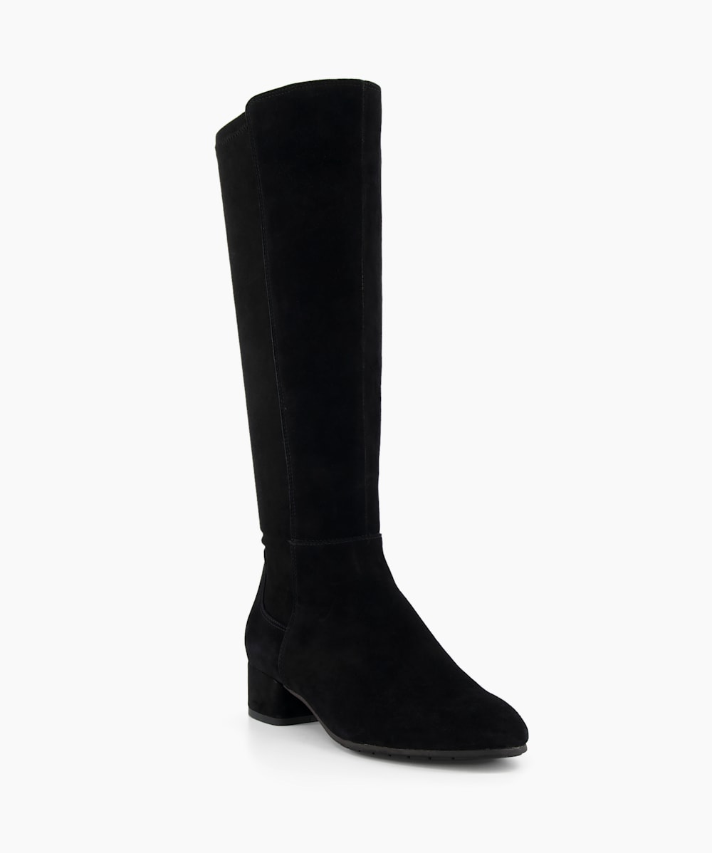 Tayla Black Wide Fit Stretch Suede Knee High Boots Dune London