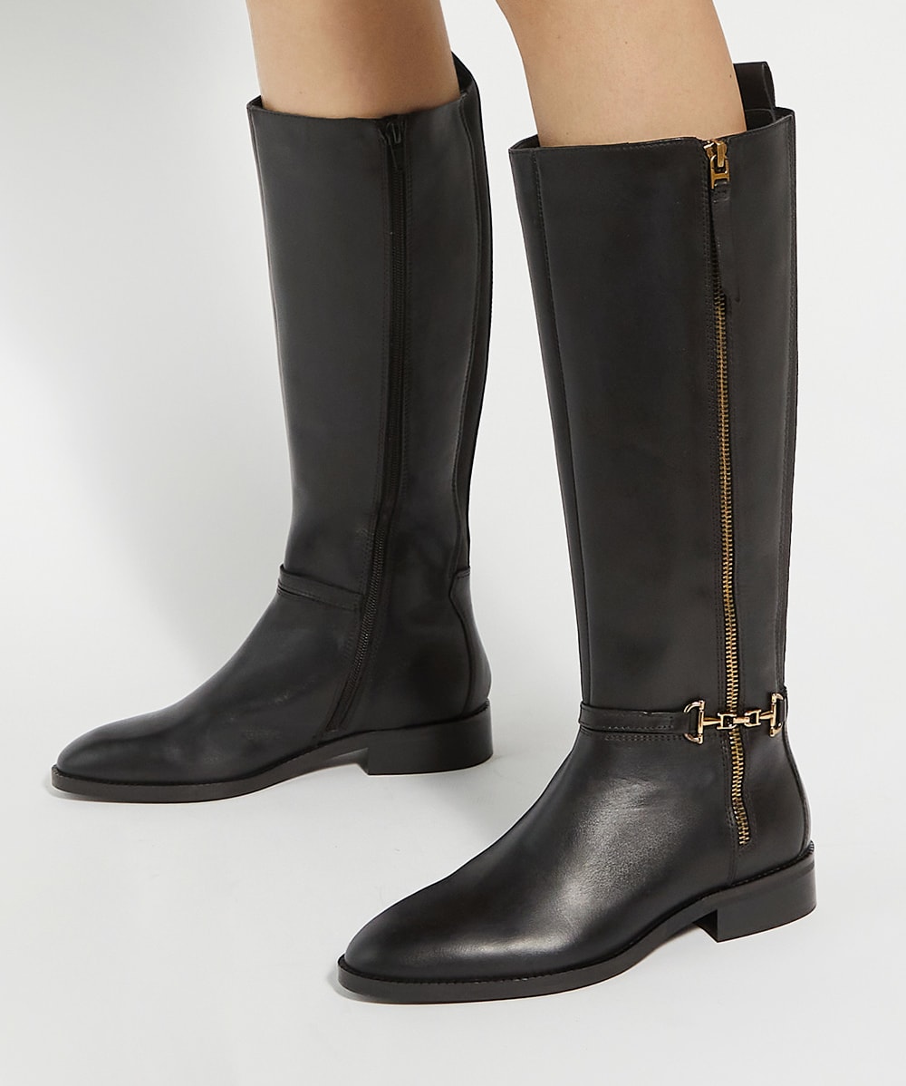 Taylyn Black Knee High Boots With Signature Buckle Detail Dune London