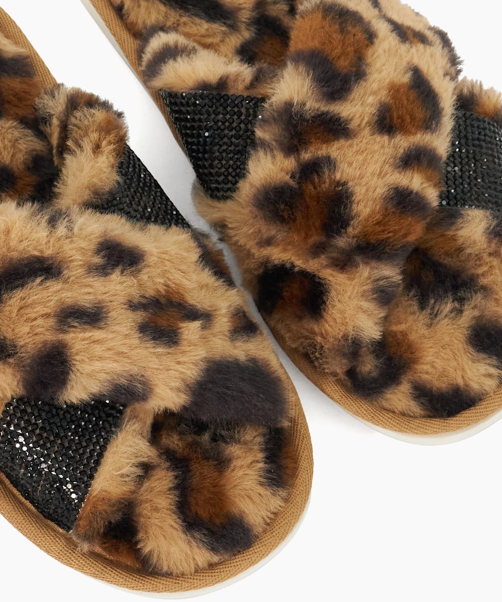 Winta Leopard Diamante Cross Strap Faux Leopard Slippers Dune London