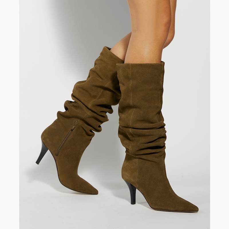 Santi Khaki, Slouchy Suede Knee High Boots | Dune London