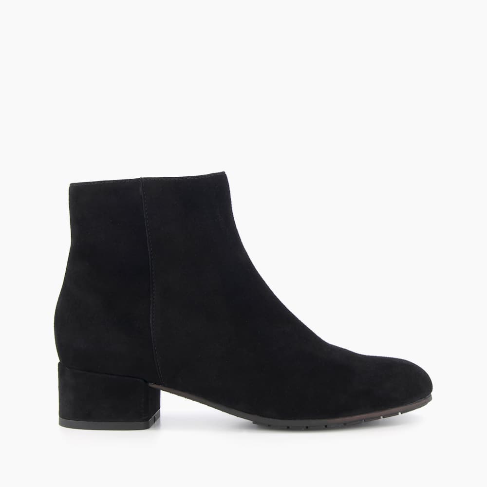 Pippie Black, Low Heel Suede Black Ankle Boots | Dune London