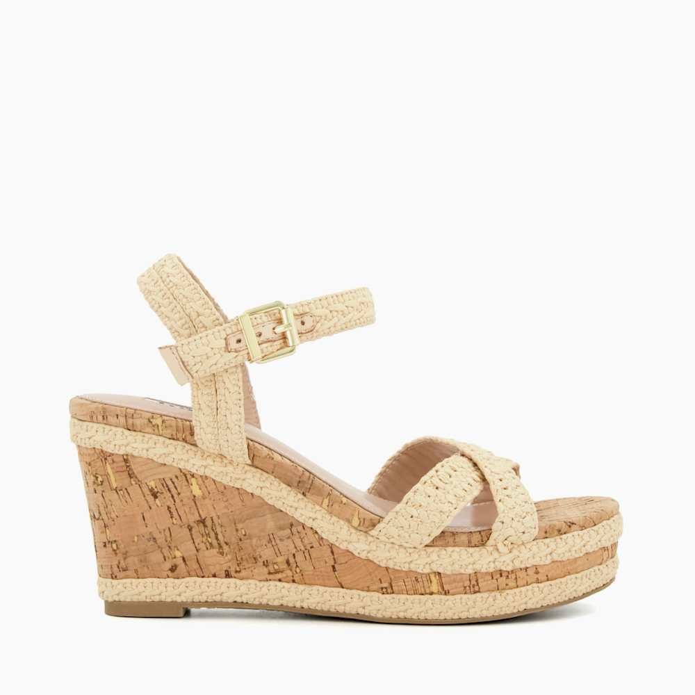 Kelisa Natural, Braided Cross Strap Cork Wedge Sandals | Dune London