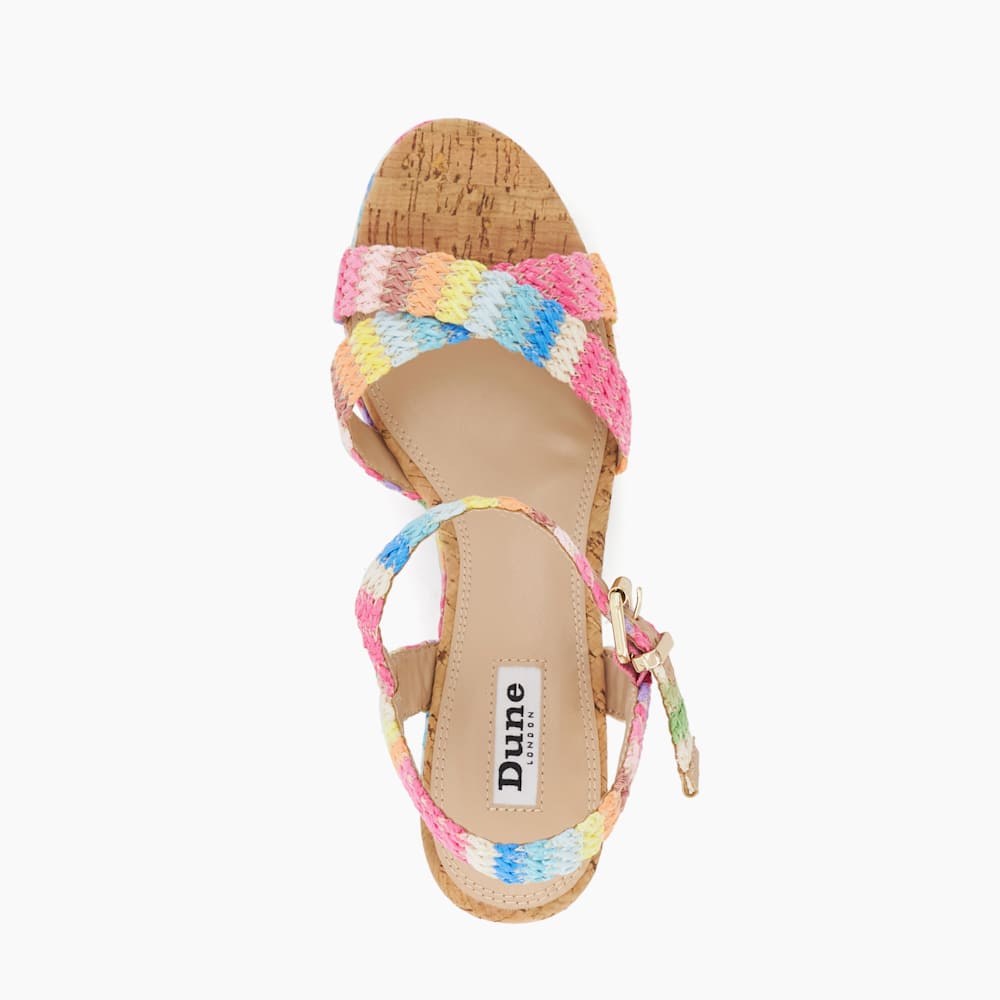 Kelisa Multi, Braided Cross Strap Cork Wedge Sandals | Dune London