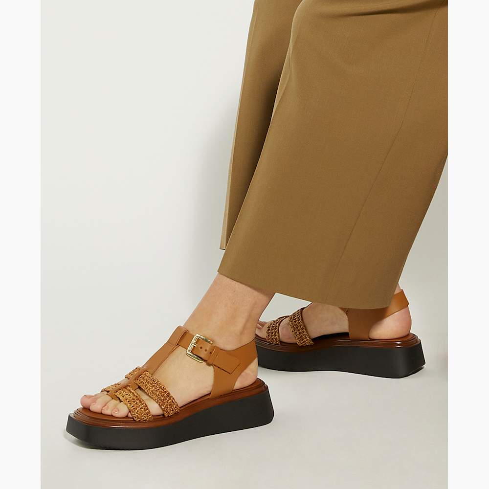 Lyons Tan, Woven Leather Wedge Sandals | Dune London