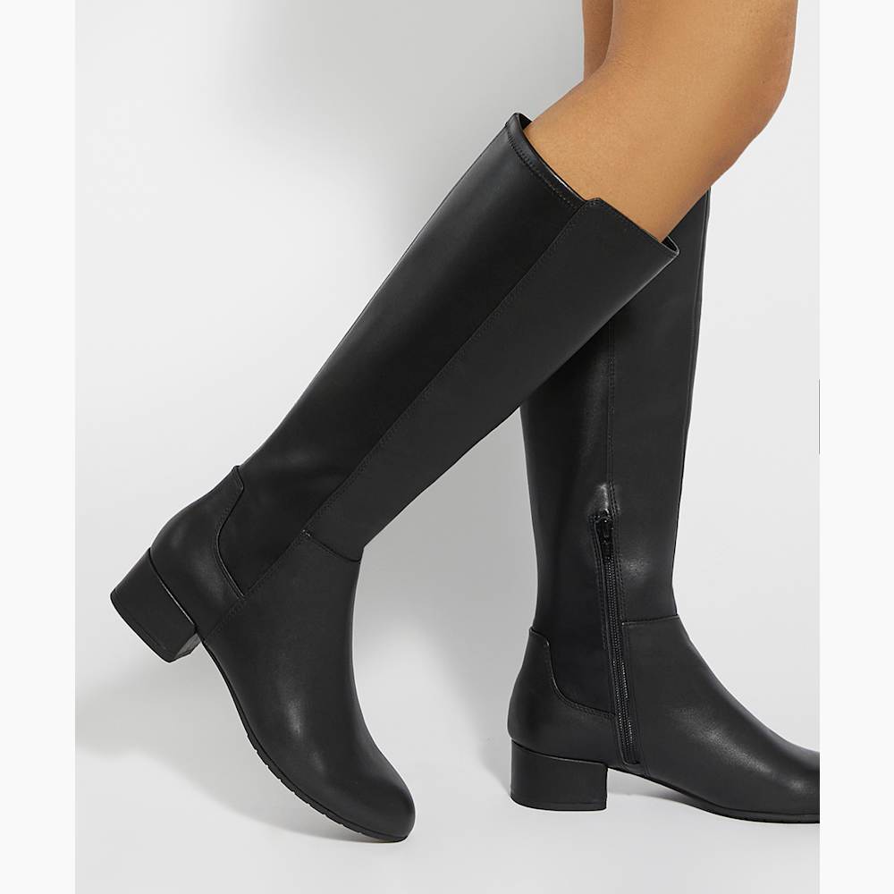 Tayla Black Leather, Stretch Leather Knee-High Boots | Dune London