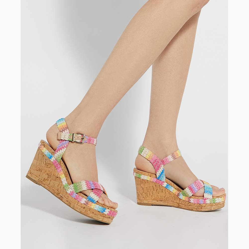 Kelisa Multi, Braided Cross Strap Cork Wedge Sandals | Dune London