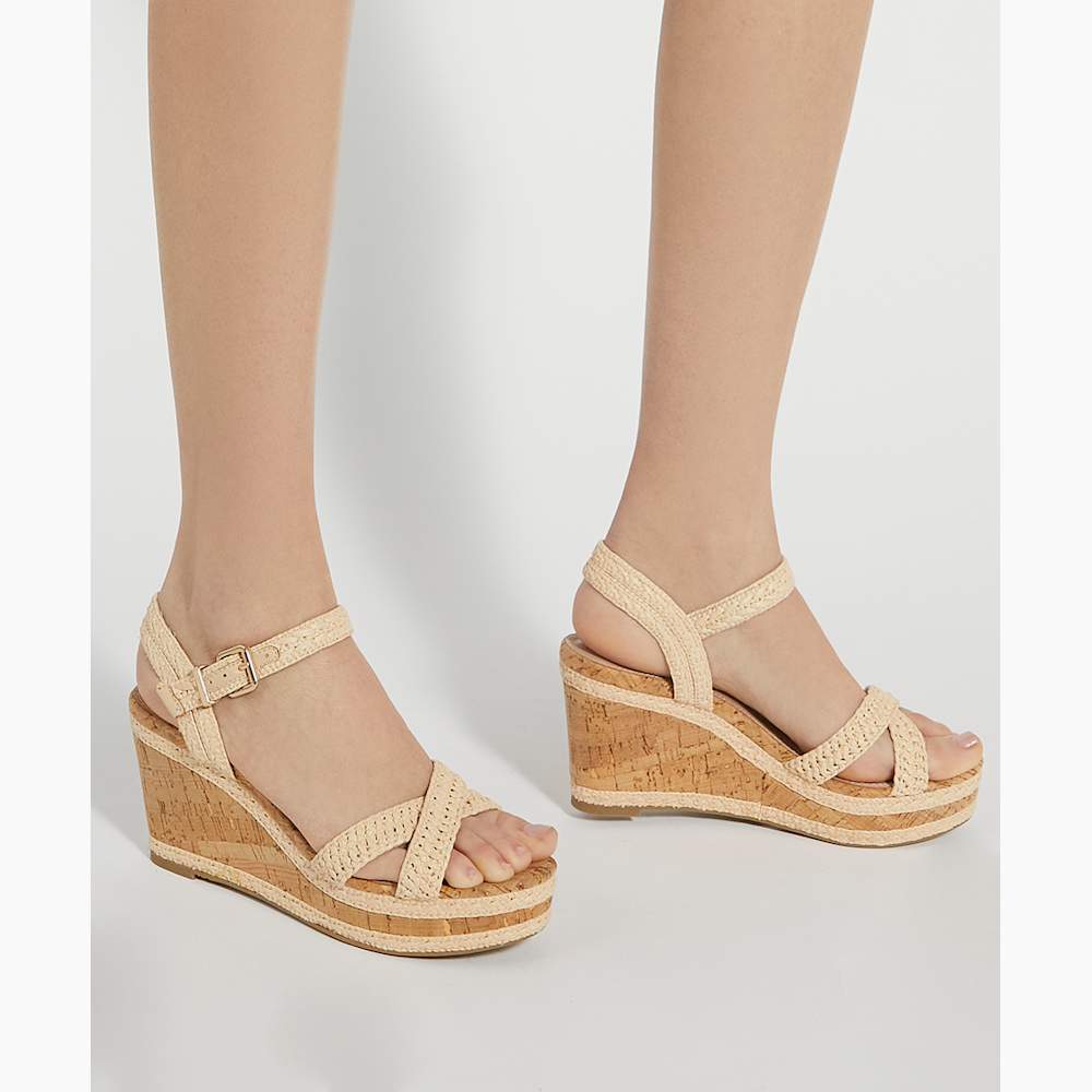 Kelisa Natural, Braided Cross Strap Cork Wedge Sandals | Dune London
