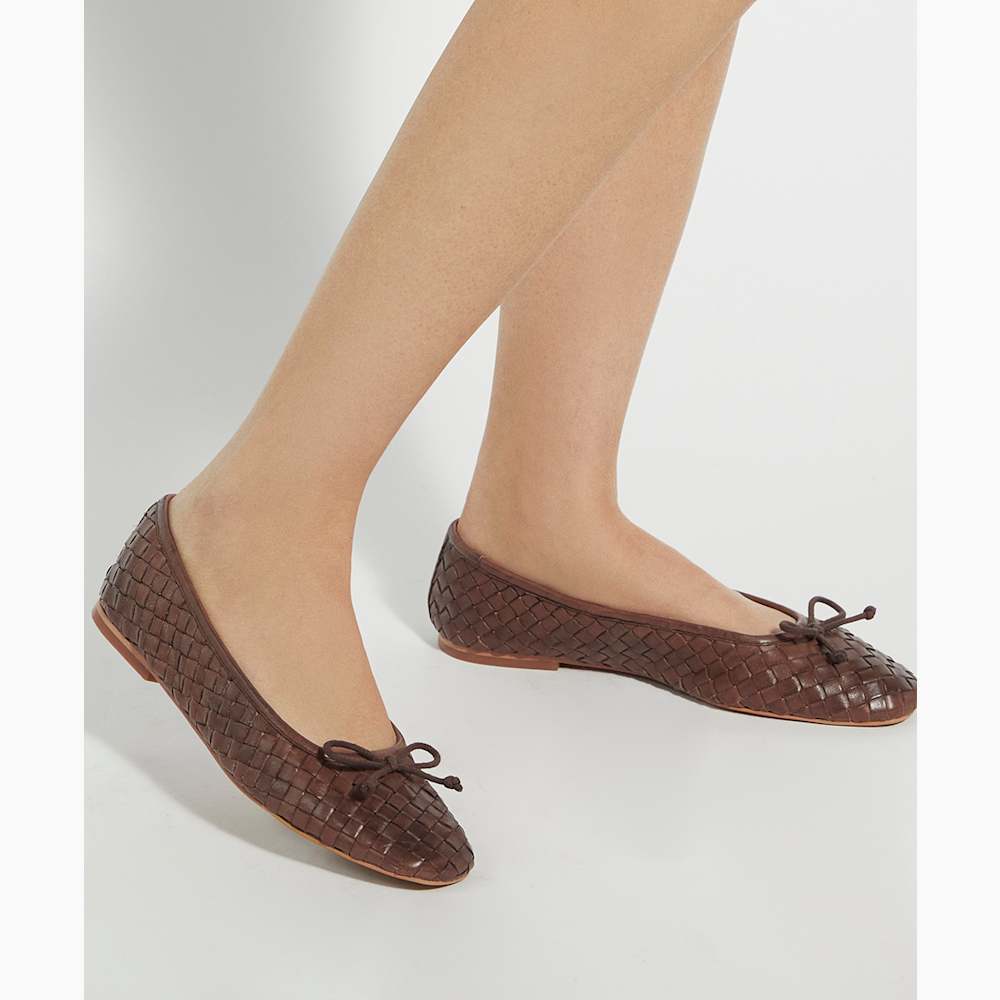 Heat Brown, Woven Leather Bow Detail Ballet Pumps | Dune London