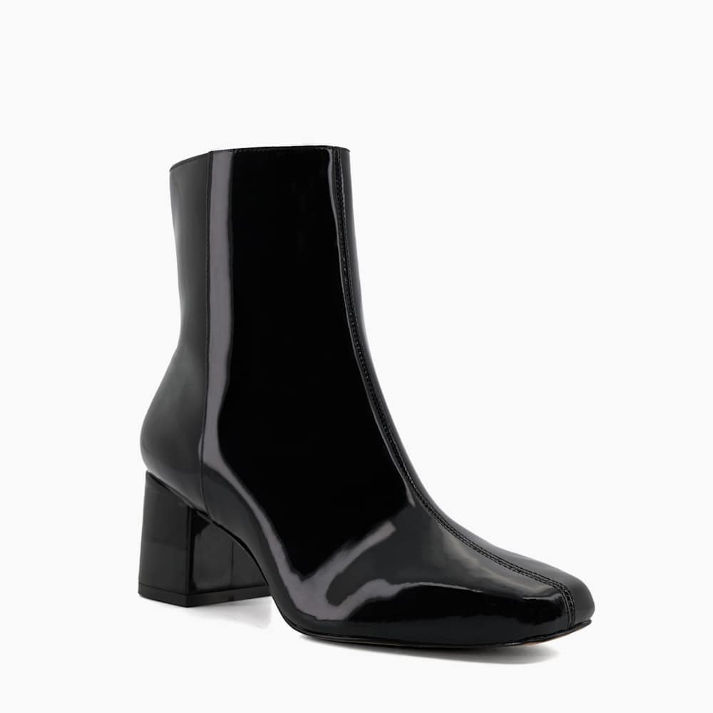 Onsen Black, Patent Block-Heel Ankle Boots | Dune London