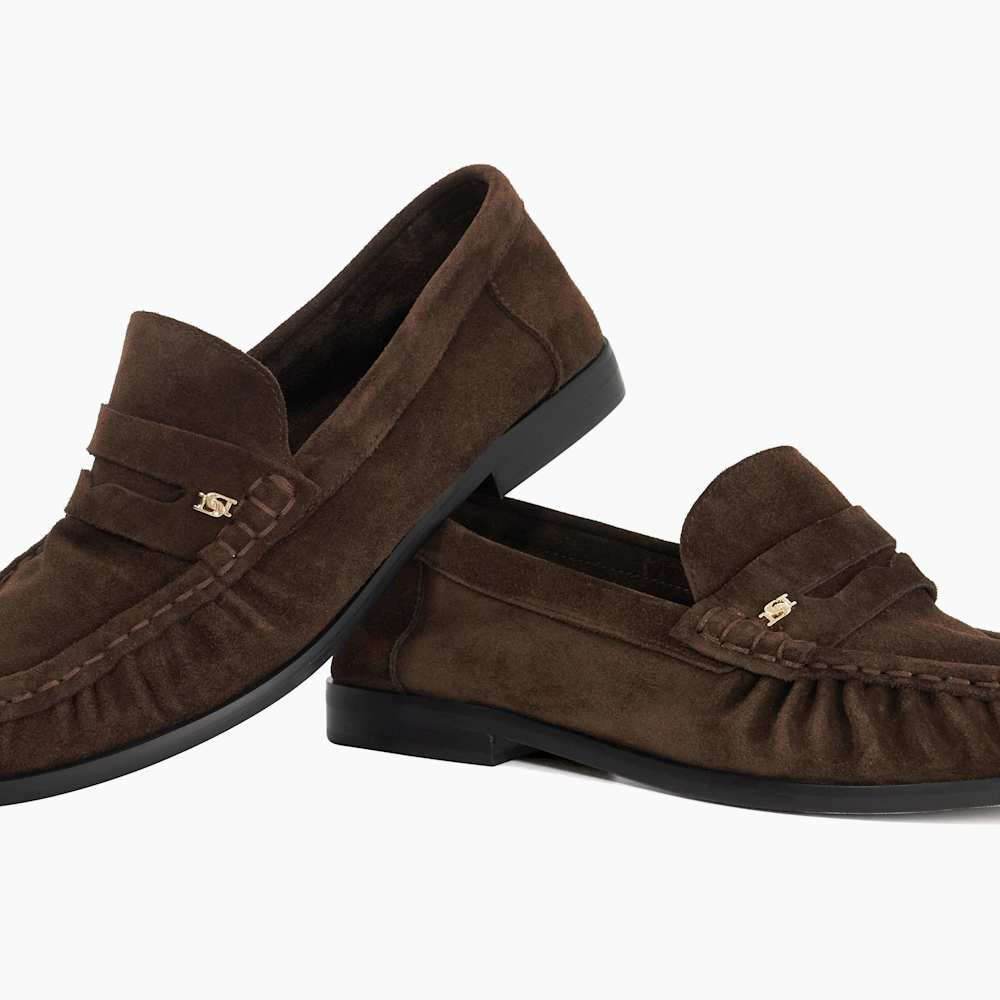 Dune Grisella Suede Penny Loafers Buy Dune London Brown Wide Fit Grisella Ruched Apron Penny  main image 3