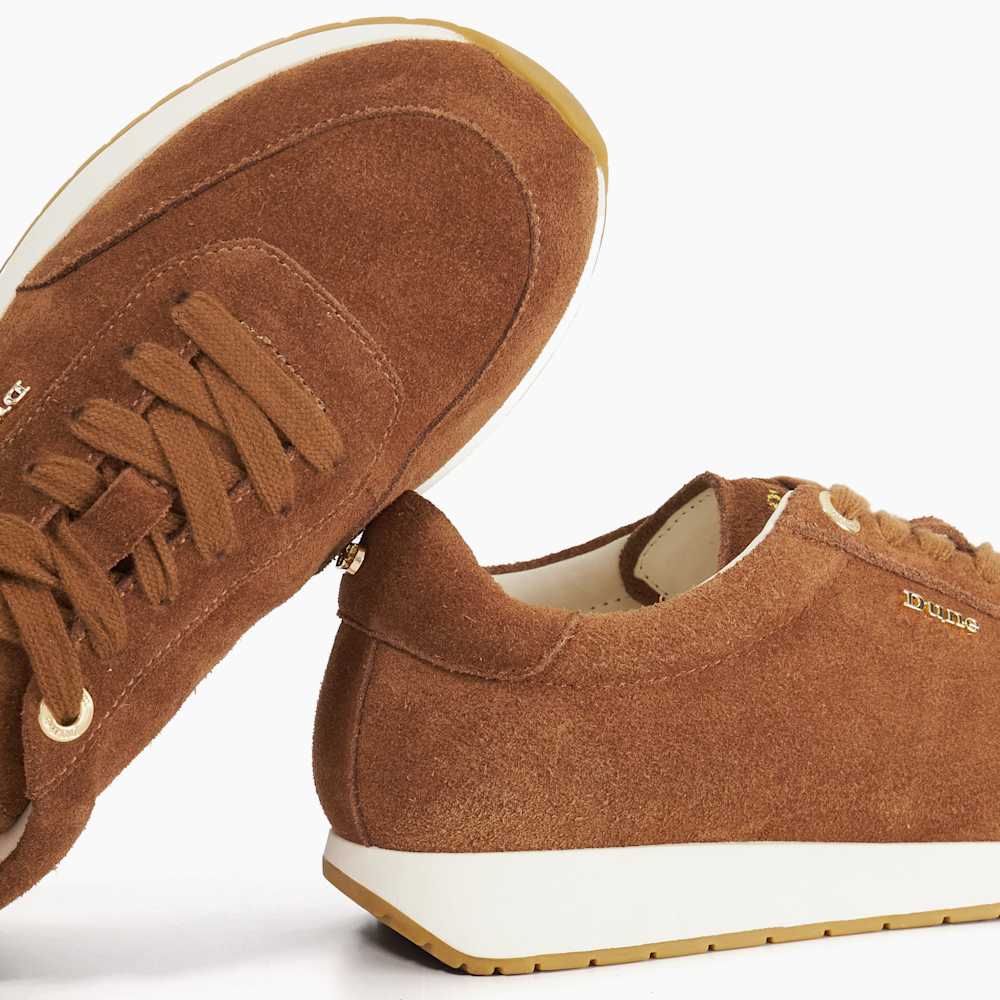 Ettah Dark Tan, Dark Tan Suede Lace-Up Trainers | Dune London