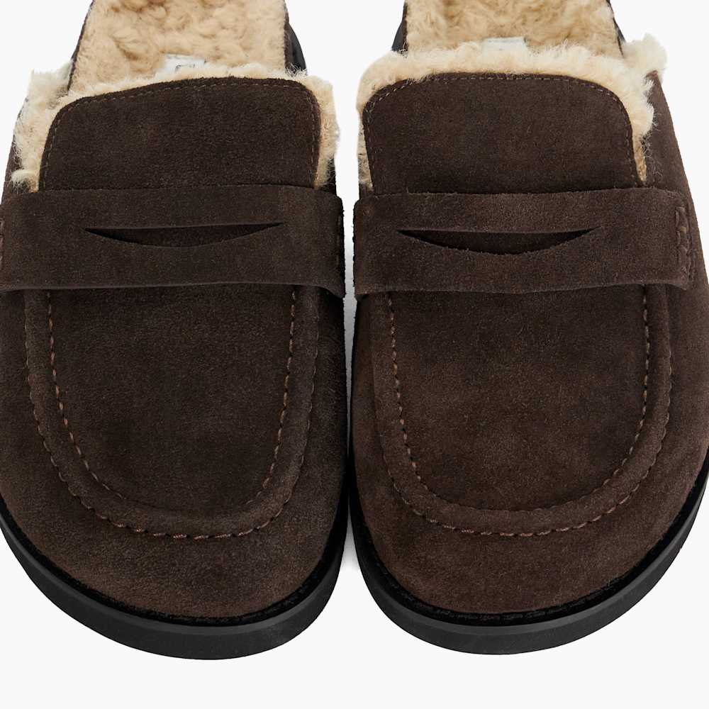 Goldy Brown, Faux Shearling Lined Backless Mule Suede Loafers