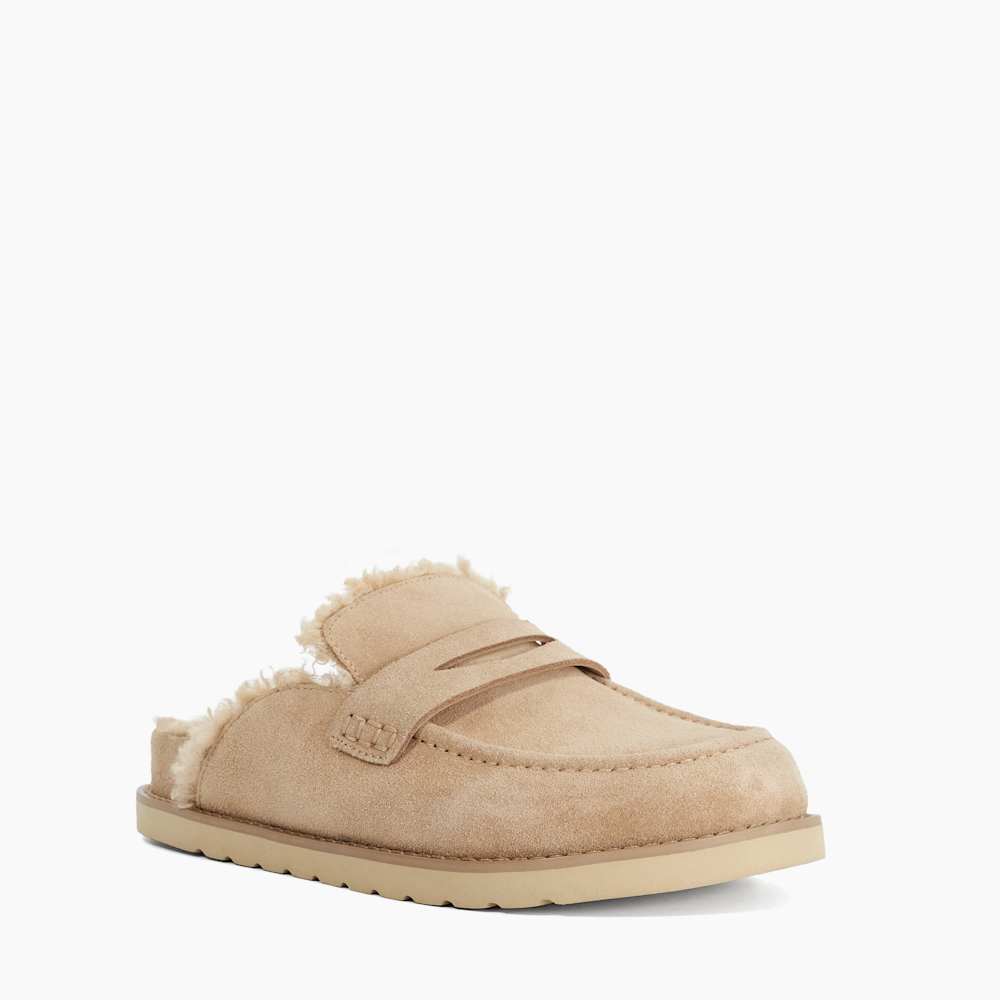 Goldy Beige, Faux Shearling Lined Backless Mule Suede Loafers