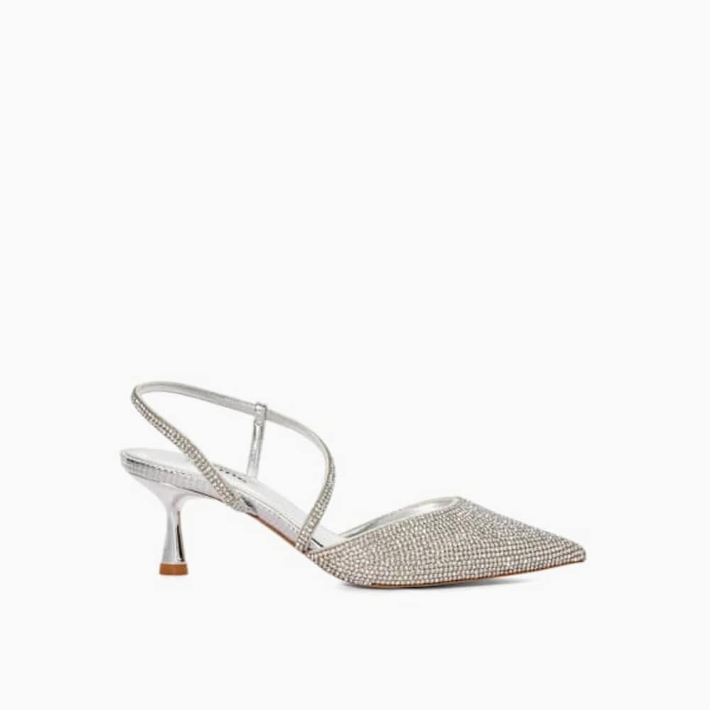 Competitive Silver, Hotfix Kitten Heel Slingbacks Dune London