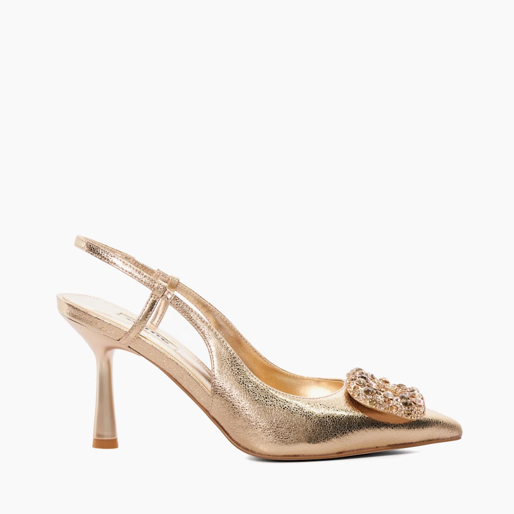 Calenna Rose Gold Flared Heel Brooch Embellished Slingback Heels Dune London