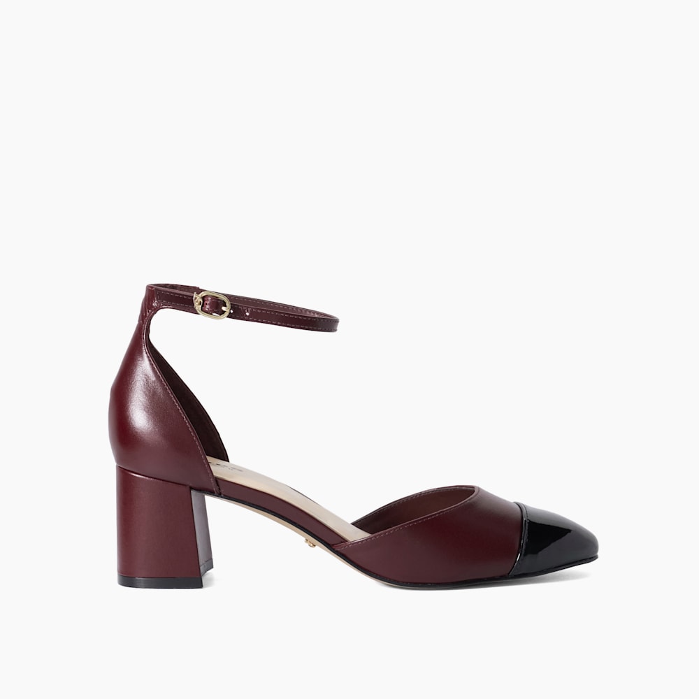 Careless Burgundy, Leather Block Heel Ankle Strap Courts Dune London
