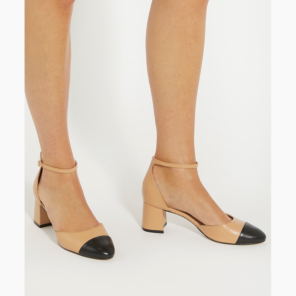 Careless Camel, Leather Block Heel Ankle Strap Courts Dune London