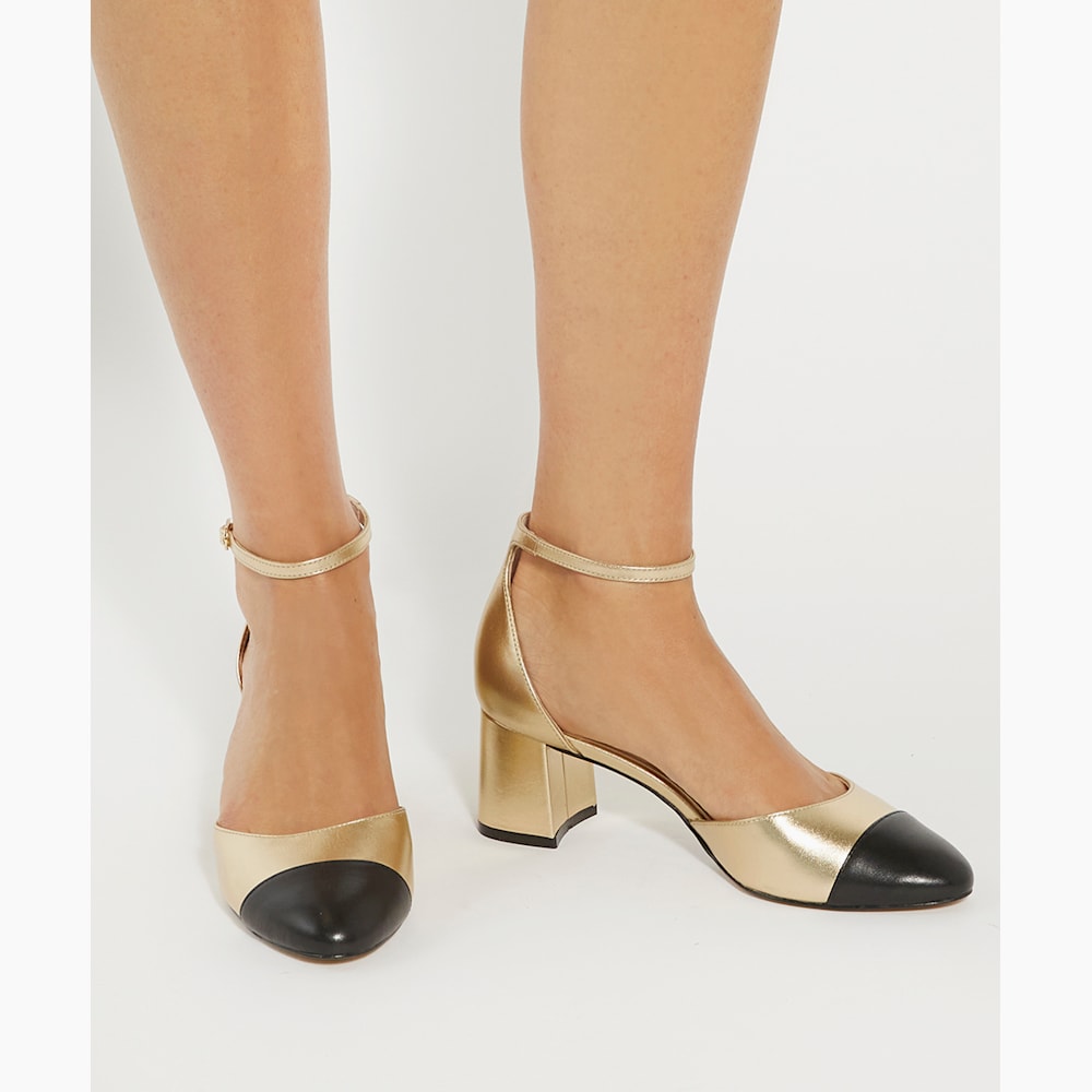 Careless Gold, Leather Block Heel Ankle Strap Courts Dune London