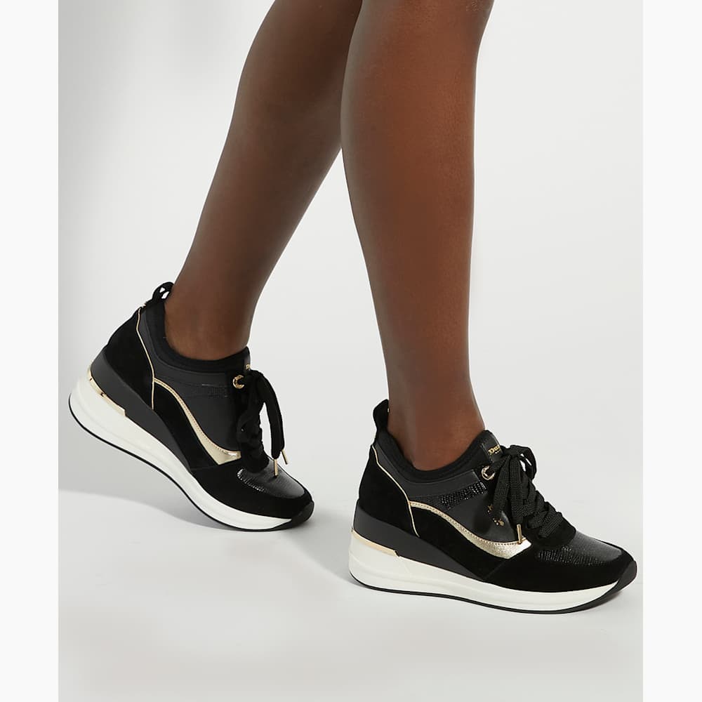 Ellaina Black, Suede Wedge Lace-Up Trainers Dune London