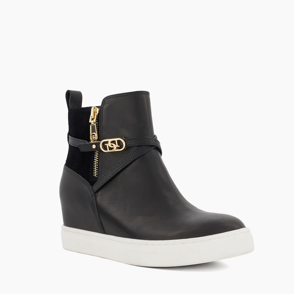 Emersons Black Branded Detail Leather Wedge Heel Trainers Dune London