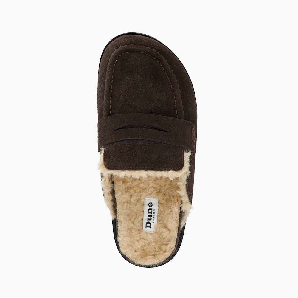 Goldy Brown, Faux Shearling Lined Backless Mule Suede Loafers