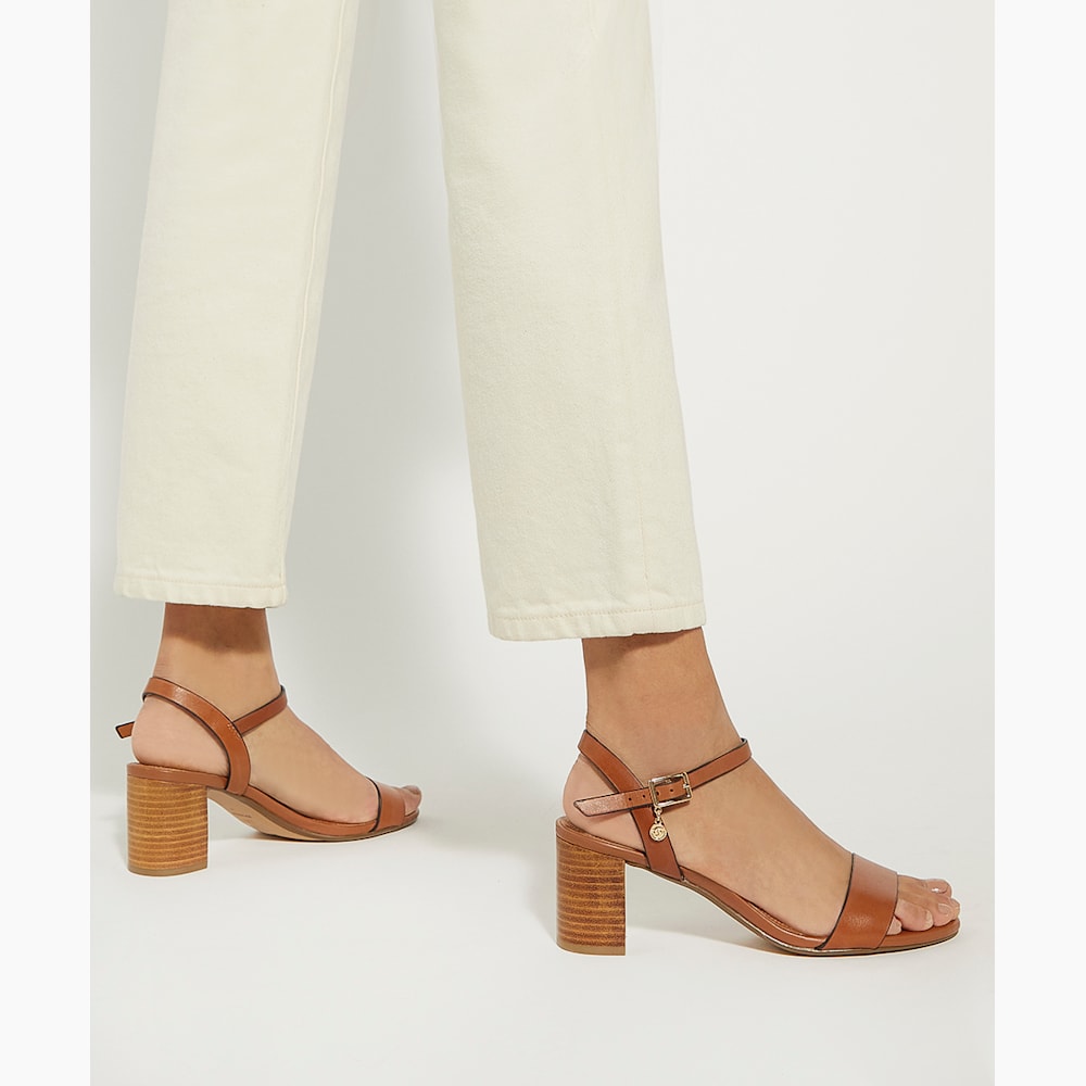 Jelly Tan, Leather Block Heeled Sandals | Dune London