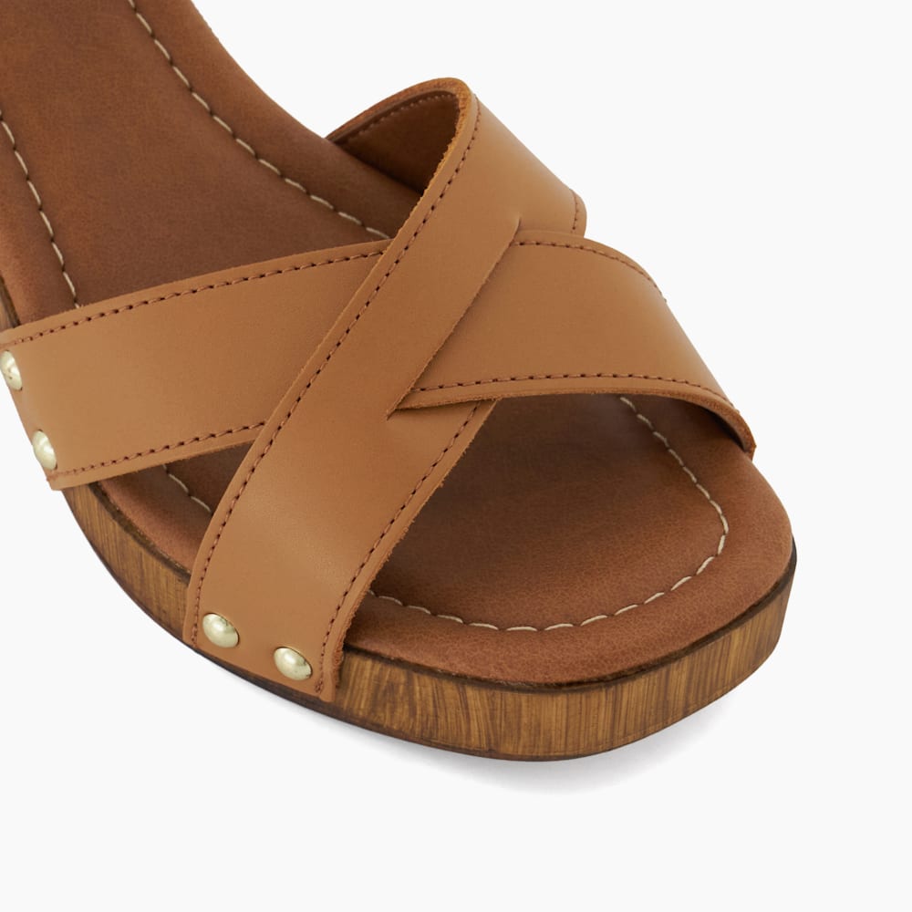 Judies Tan, Leather Cross Strap Clog Heels | Dune London