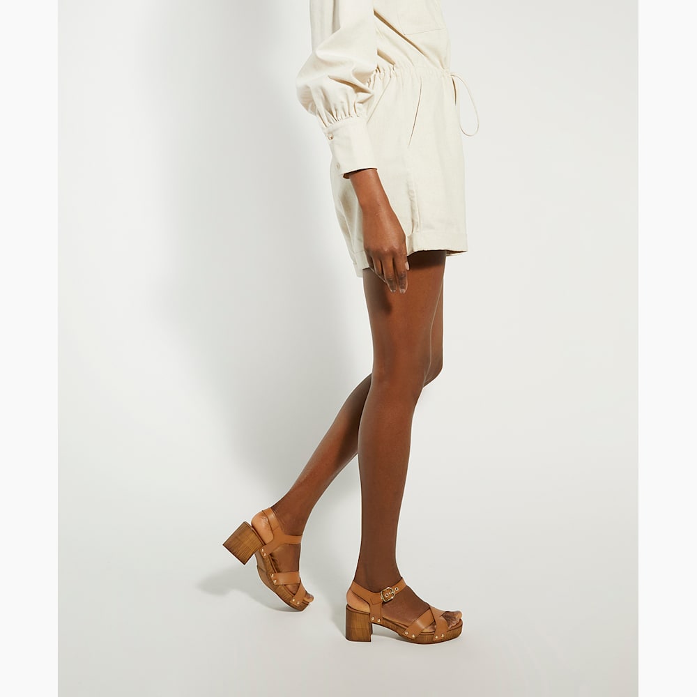 Judies Tan, Leather Cross Strap Clog Heels | Dune London