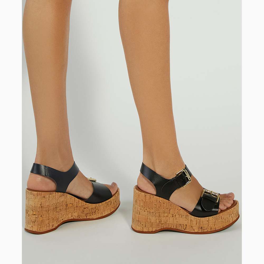 Kamia Black, Open Toe Wedge Heel Sandals Dune London