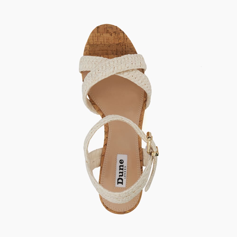 【DUNE LONDON】Kelisa Cross Strap コルクウェッジサンダル Kelisa Multi, Braided-Cross-Strap Cork-Wedge Sandals | Dune