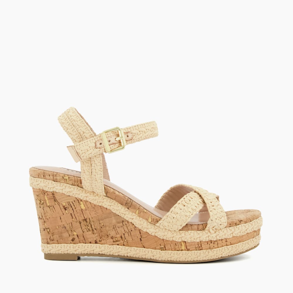 【DUNE LONDON】Kelisa Cross Strap コルクウェッジサンダル Kelisa Multi, Braided Cross Strap Cork Wedge Sandals | Dune
