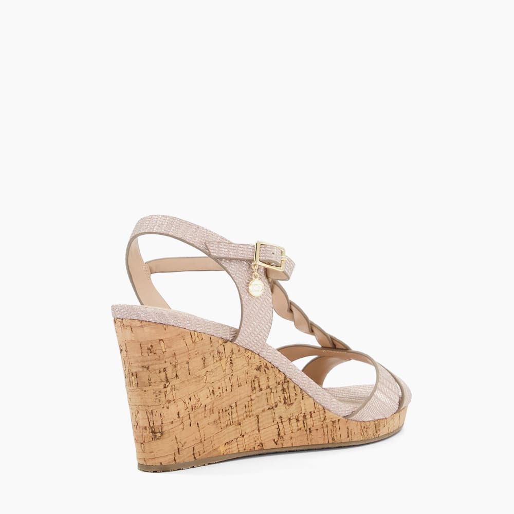 Koala Rose Gold Plait T Bar Strap Cork Wedge Heel Dune London