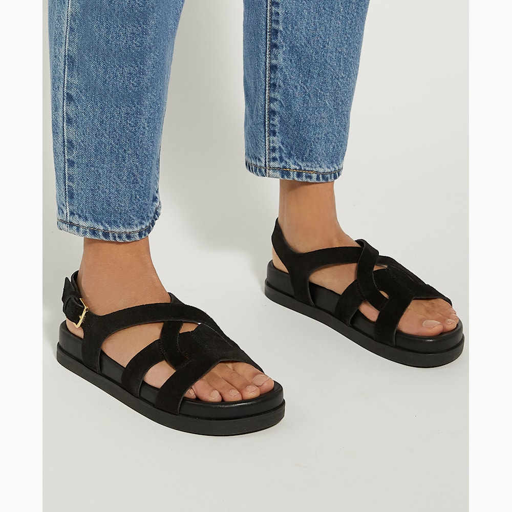 Loupin Noir, Sandales plates en daim Dune London