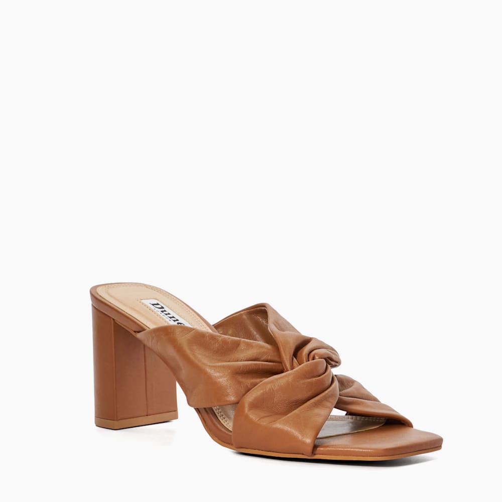 【DUNE LONDON】メイズ ノットディテール レザー ミュール Maizing Tan, Knot Detail Heeled Mules | Dune London