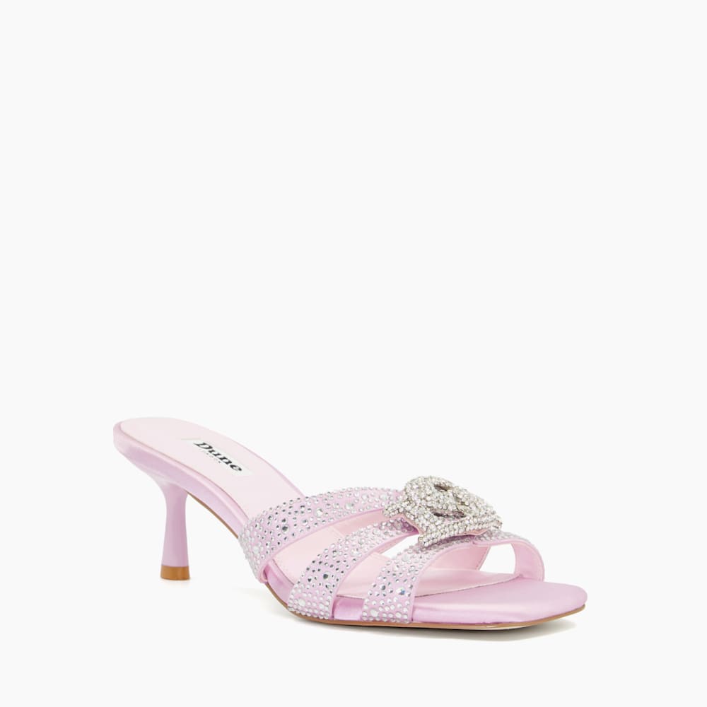 Manor Pale Pink, Branded Metallic Diamante Heeled Mules Dune London