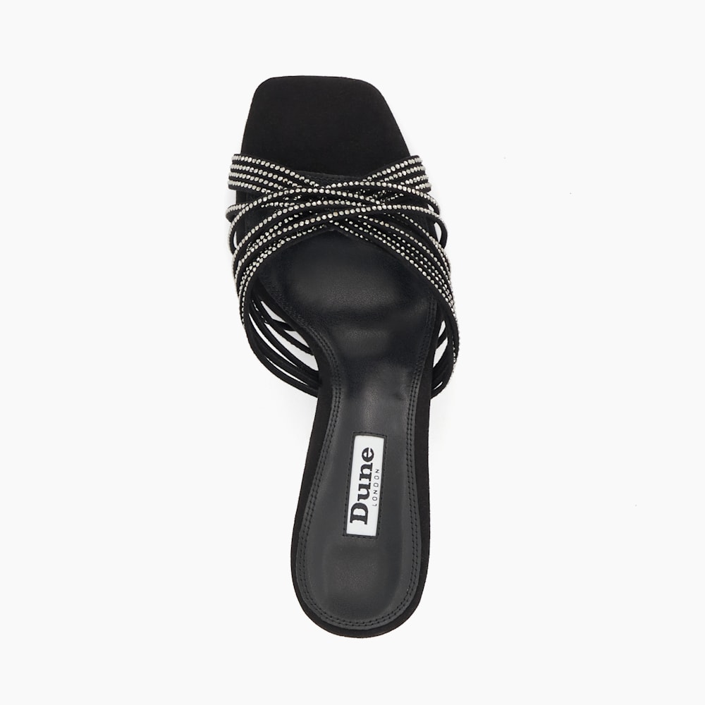 Marquee Black Diamante Cross Strap Heeled Mules Dune London