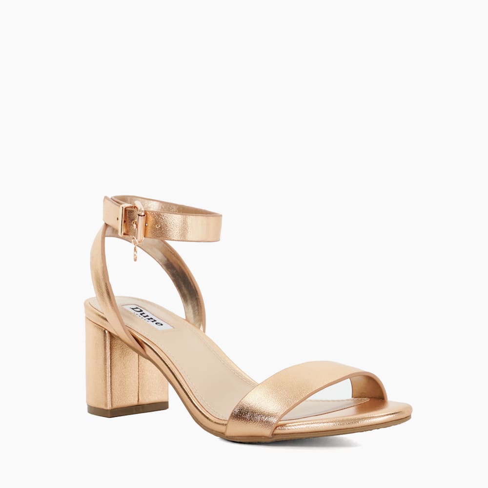 Memee Rose Gold Mid Block Heel Sandals Dune London