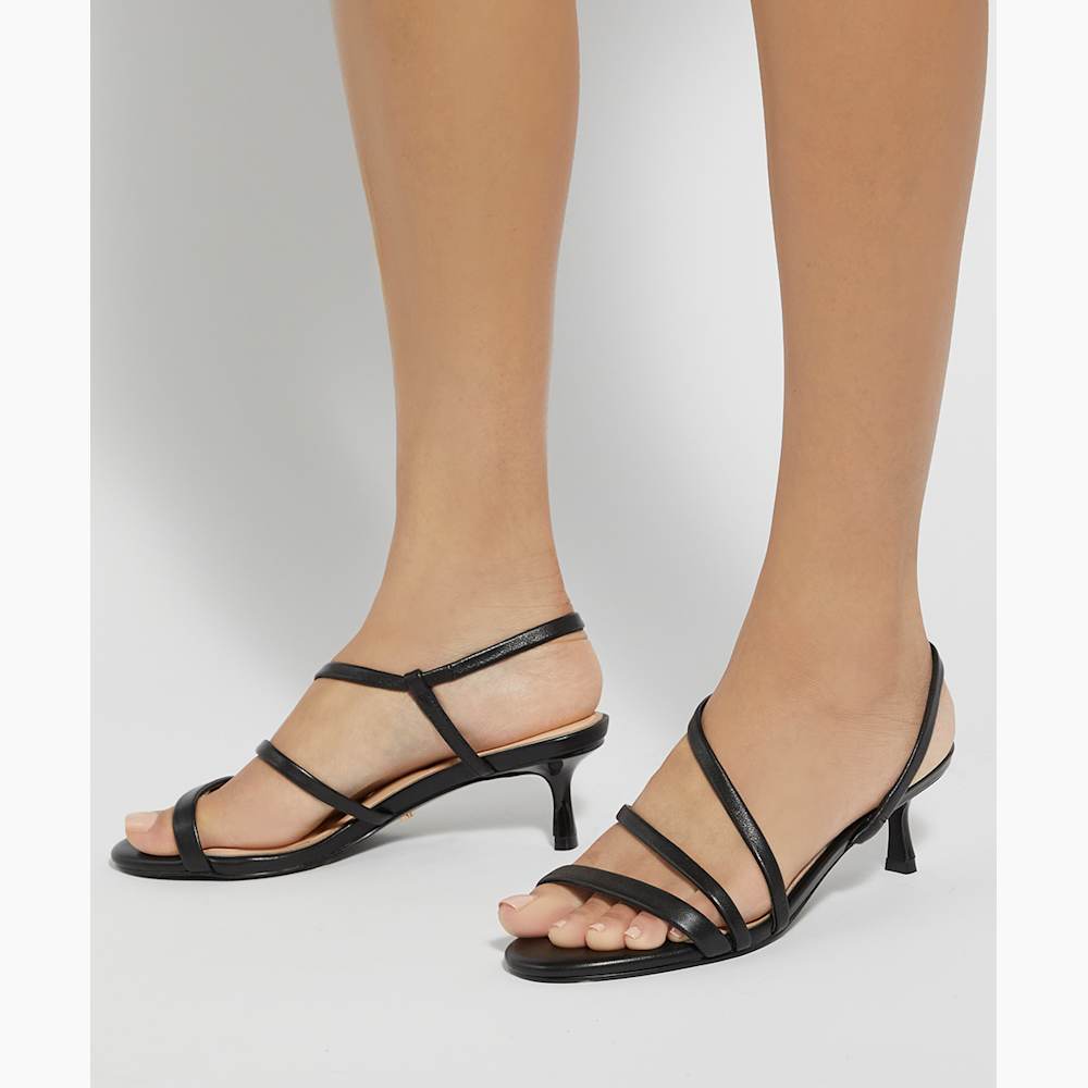 Movement Black, Asymmetric Strap Leather Kitten Heel Sandals