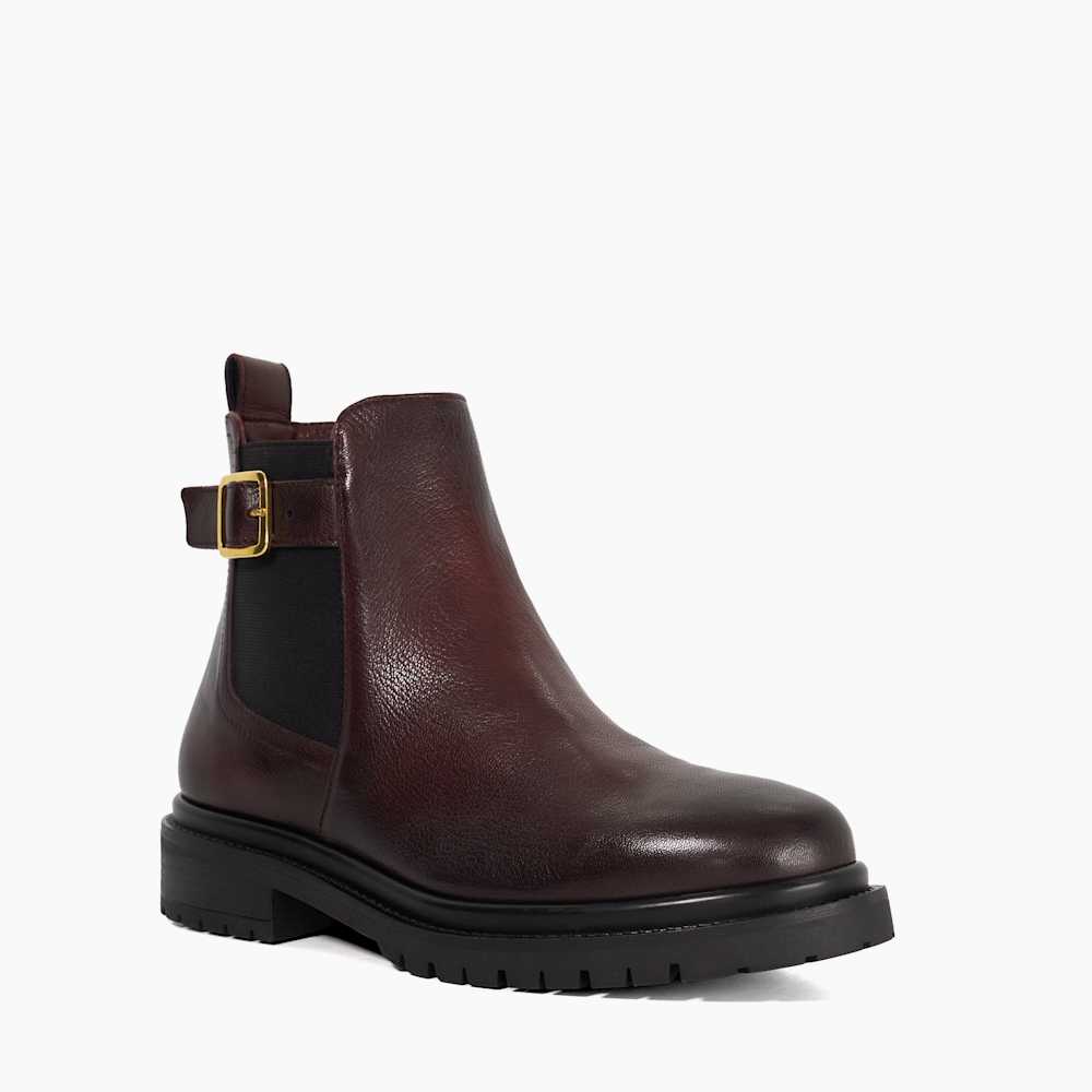 Paused Dark Red, Leather Buckle Detail Ankle Boots Dune London